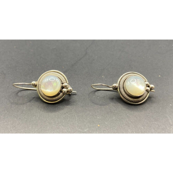 Mother Of Pearl Scroll Hook Drop Earrings Oval Gemstone 925 Sterling Silver BA - Picture 1 of 10